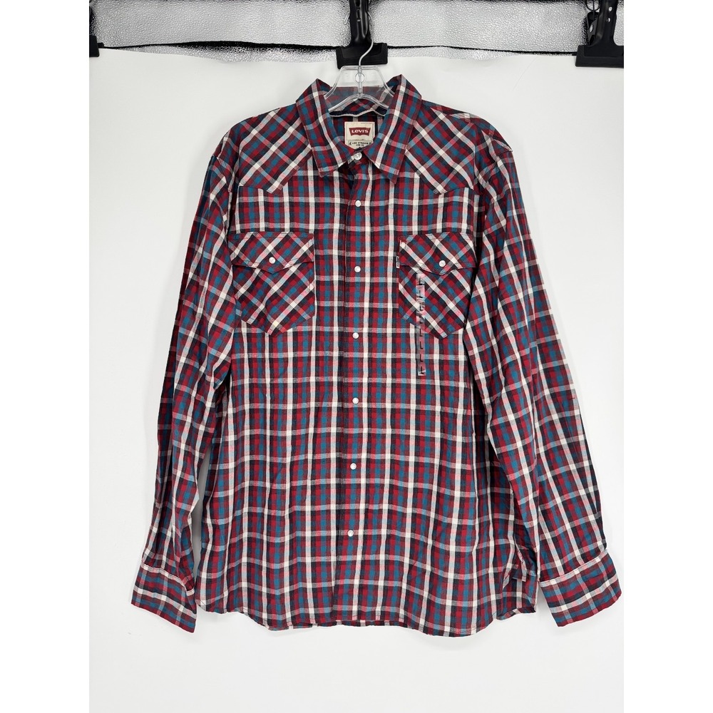 Levi's Modern Western Shirt Mens Large Plaid Long Sleeve Pearl Snap Red White